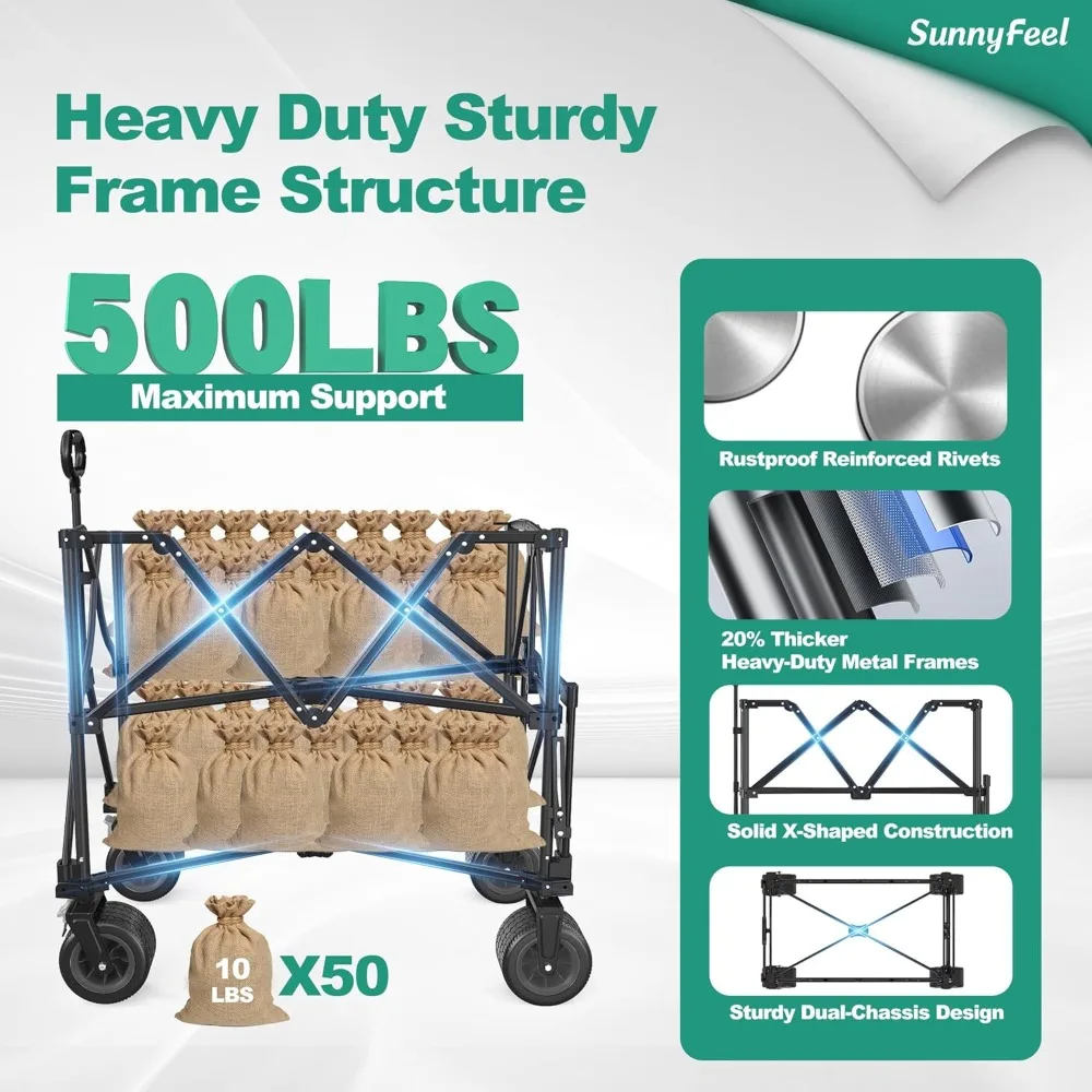 عربة عربة قابلة للطي ذات طابقين سعة 500 رطل عجلات قابلة للطي مقود قابل للتعديل للتسوق في الحديقة الخارجية والتخييم