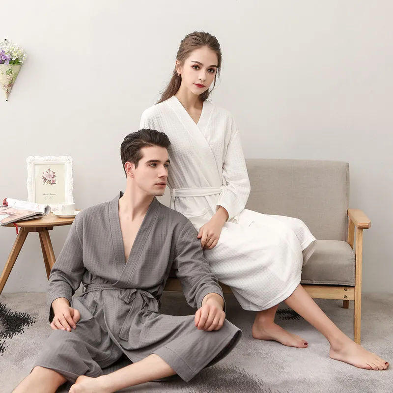 Men Couple Waffle Bathrobe Loungewear Kimono Bath Robes Sashes Robe Male Female Shower Sleepwear Long Resort Spa Robe Belt