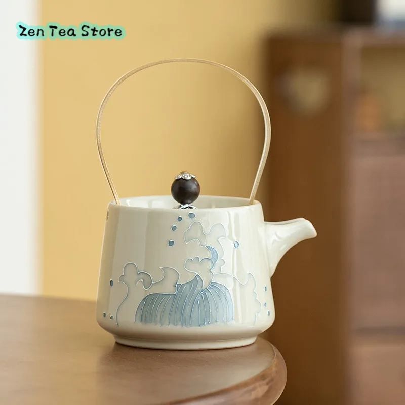 Copper Beam Pot Single Pot Ceramic Large Capacity Tea Set Bubble Filter Home Retro Tea Pot Under Glaze Color Waves