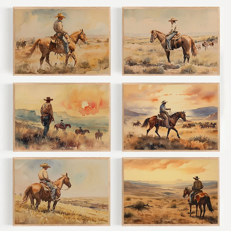 Póster Vintage de acuarela de montañas, vaquero, montar a caballo, puesta de sol, impresiones de pintura en lienzo, imagen artística, decoración de pared del hogar, regalo