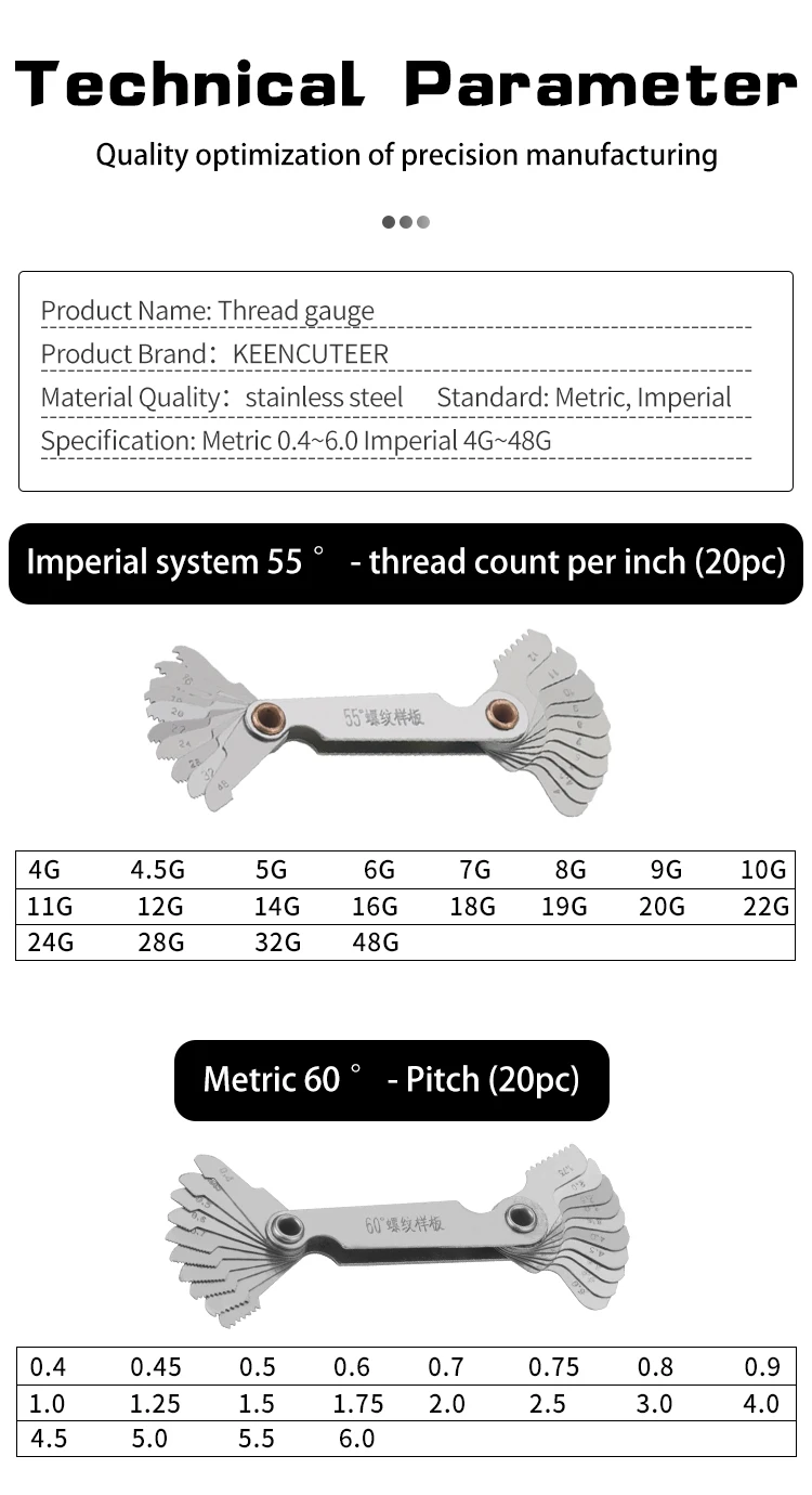 20 Stück Zoll 55 ° / Metrisch 60 ° Gewindesteigungsschneidemessgerät-Set, Edelstahl-Steigungslineal, Messwerkzeuge, einteilige Gewindeproben – Detail 6