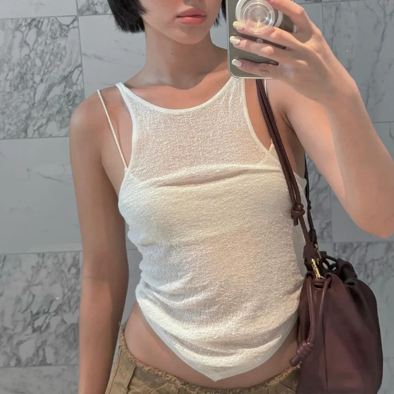 

2025 Summer New Irregular Sexy Perspective Slim Sling Vest Women's Two-piece Set
