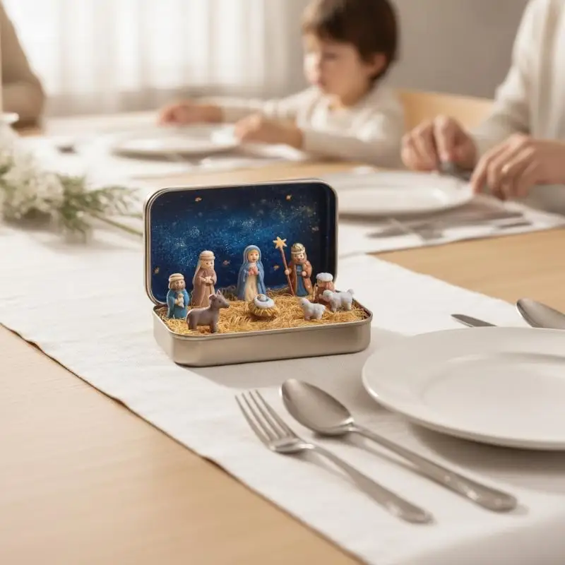 Mini Christmas Nativity Set In Tin Box Cute 3D Printed Figures Manger Set Iron Box For Christmas Home Decoration Holiday Gifts