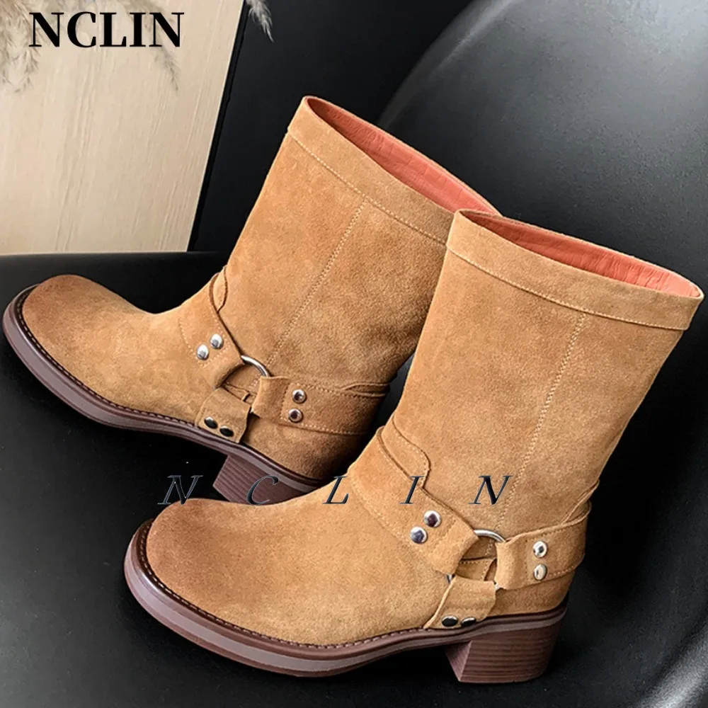 

NCLIN Brand Design Women Mid-calf Boots Thick High Heels Buckles Motorcycle Boots Suede Leather Western Cowboy Boots Warm High