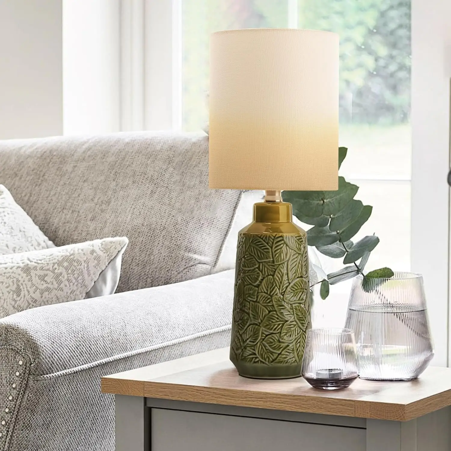 

18” Ceramic Table Lamp Green Nightstand Pottery Lamp Single With White Shade Modern Bedside Desk Lamps With Leaf Pattern For