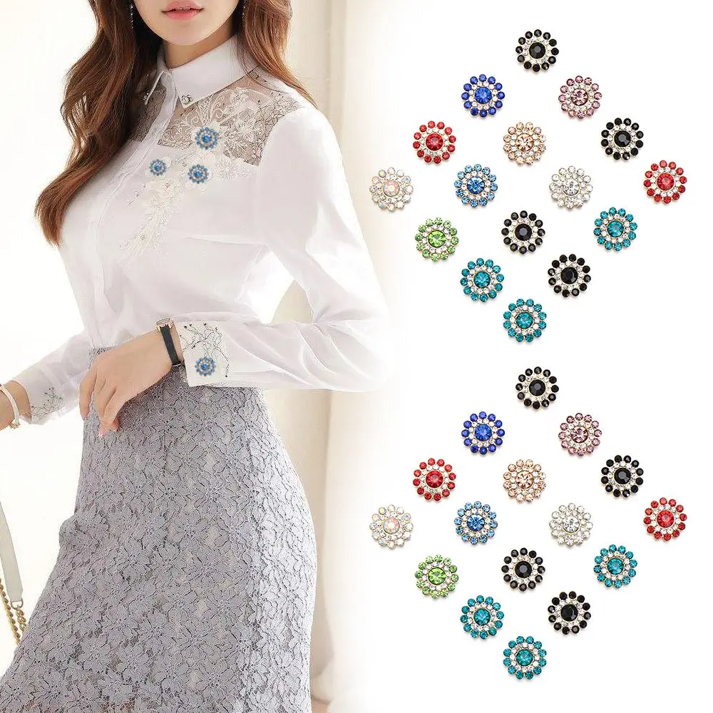 10PCS 14mm Flower-shaped Rhinestone Buttons Sparkling Crystal Glass Stone Steel Bottom Clothes Decoration Sewing Accessories