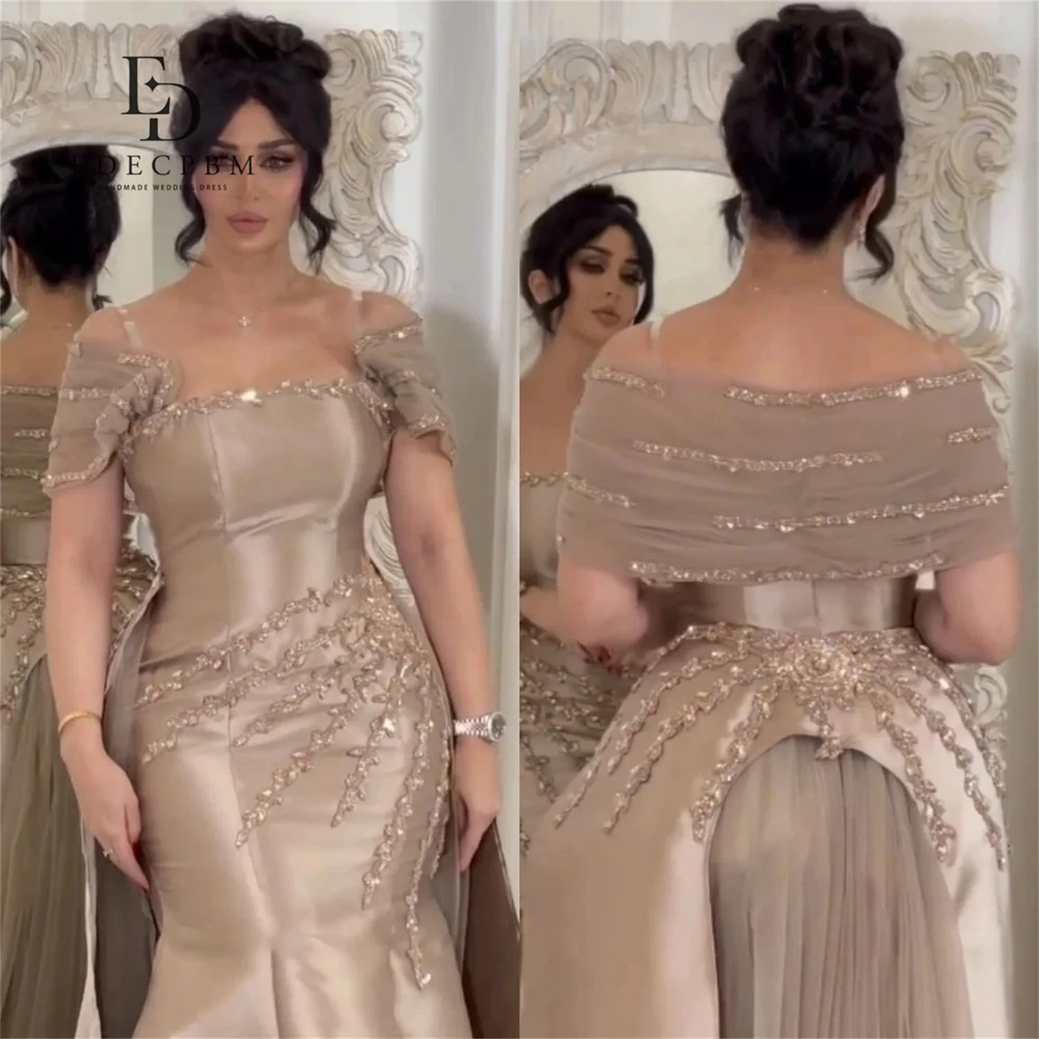 EDECPBM Abiti da sera da donna saudita personalizzati per occasioni speciali Abiti da ballo in raso champagne 2025 Perline Festa di lusso