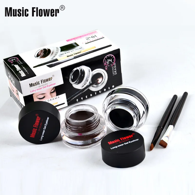 Music Flower 2 In 1 Brown + Black Eyeliner Gel Make Up Water-proof Eye Liner Kit Eye Makeup Tool 24H Long Lasting+ Brushes