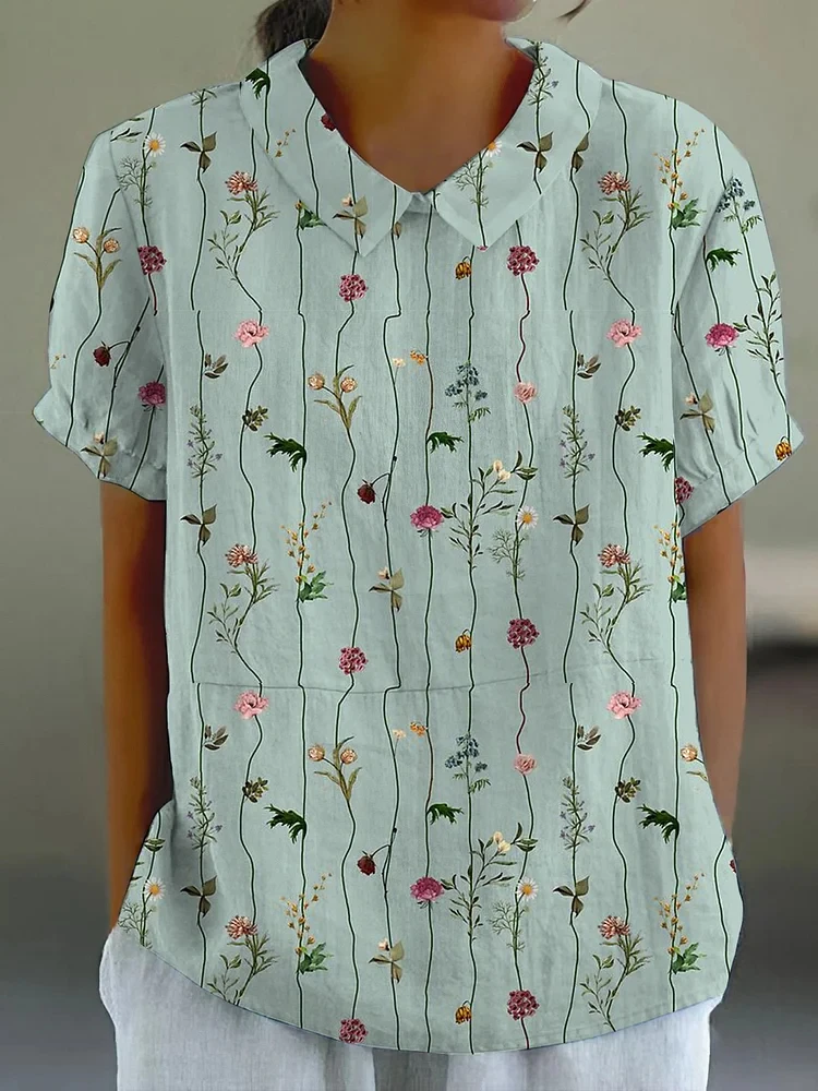 Woman Blouses Retro Floral Pattern Print T-Shirt Summer Fashion Outdoor Lapel Short Sleeve Tops Women Pulovers Blouse Clothing