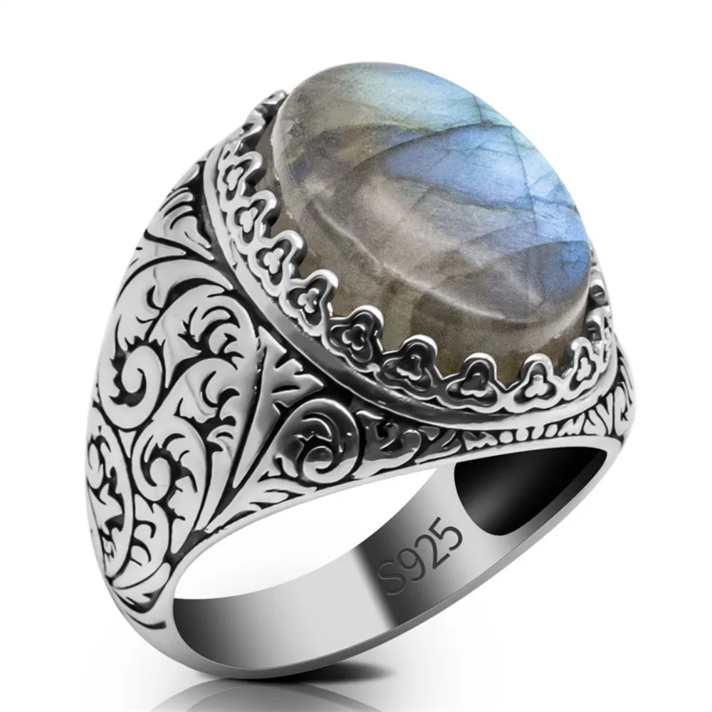 Wholesales Original 925 Sterling Silver Turkish Men Antique Ring Vintage Natural Labradorite Stone Hand Ring