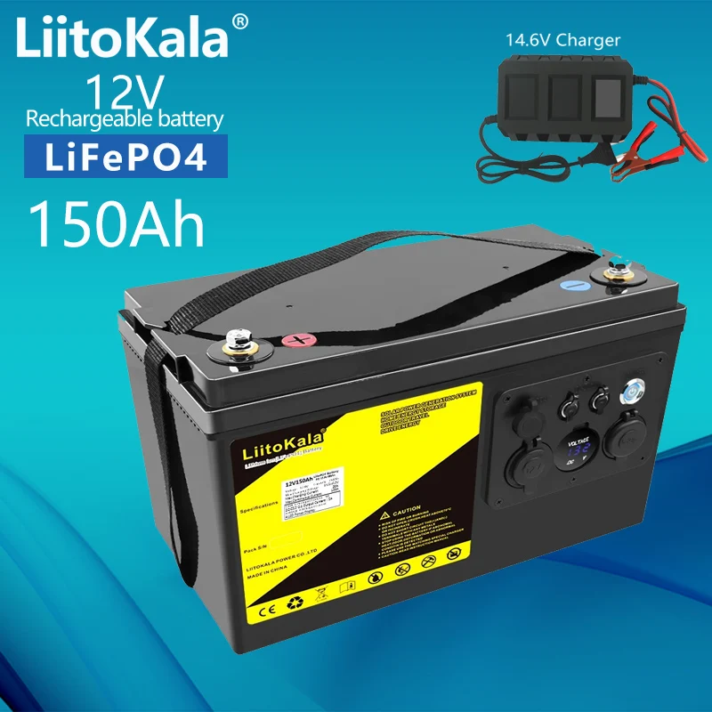 LiitoKala 12V 150Ah LiFePO4 Battery 12.8V Power For RV Campers Golf Cart Off-Road Off-grid Solar Wind，QC3.0 Type-C USB output