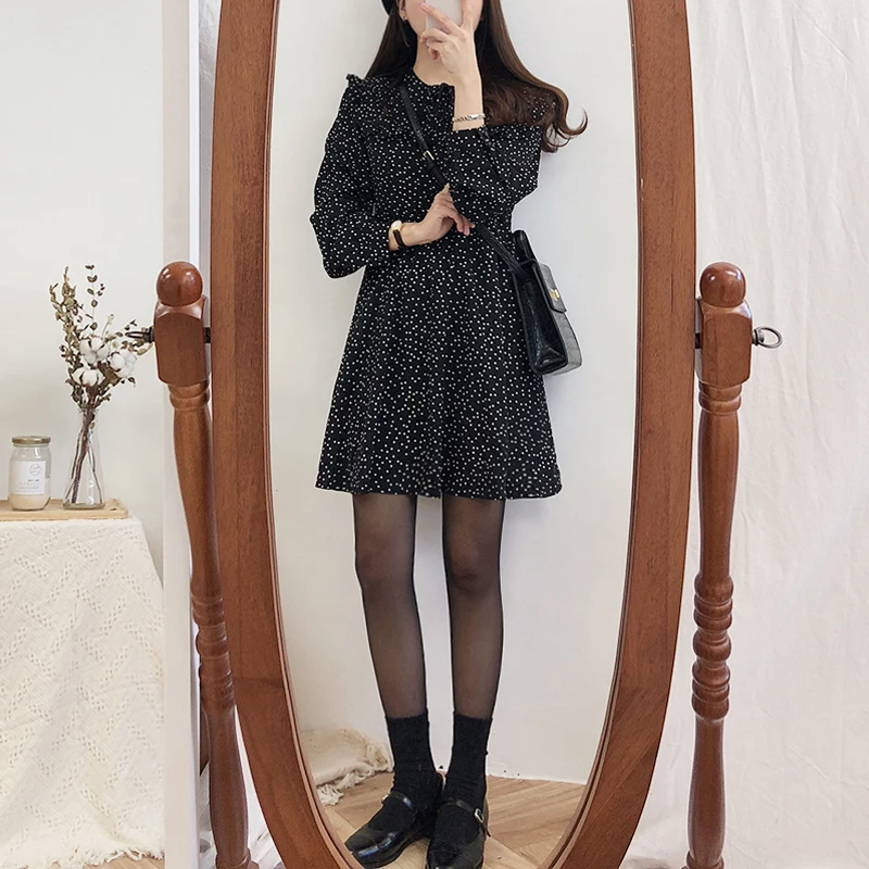 2023 Cute Sweet Dress Hot Sales Women Fashion Korean Style Design A Line Preppy Girls Vintage Polka Dot Ruffled Mini Black Dress