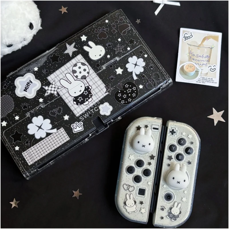 Nova Capa Protetora Original Miffy para Nintendo Switch Oled Ns2 Lite com Glitter e Alça Transparente Preta e Branca - Presente