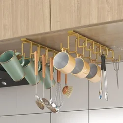 Punch-free Double-row Hooks Kitchen Cupboard Under Shelf Mug Cup Hanger Hook Iron Hanging Rack Holder Kitchen Cabinet Organizer