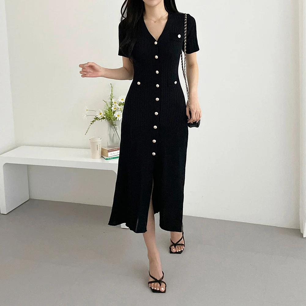 Long Knit Dress Elegant Women 2024 Korean Single Breasted Fishtail Black Knit Dress Fall Winter Retro V Neck Long Sleeve Dress