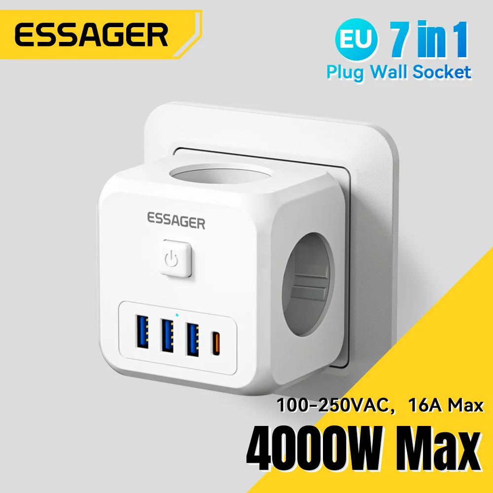 Essager Universal EU European Standard One To Three Conversion Plug 7 in1 Interface 3AC 3USB 1TypeC Conversion Power Plug Socket