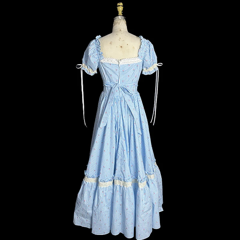 AnXin SH princess party blue plaid little pink flower cotton sweetheart short sleeve white lace zipper customized evening dress