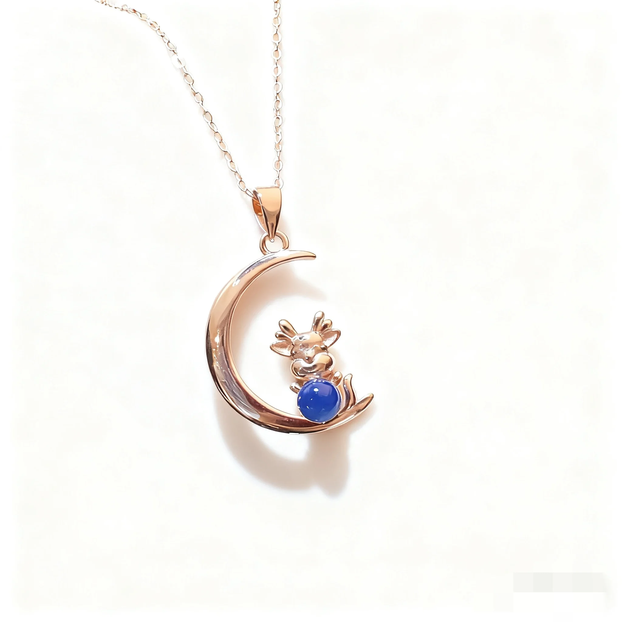 

Sterling Silver Pendant Natural Dominican Blue Amber Crescent Moon Frame Cute Golden Dragon Holding 4mm Blue Amber Bead