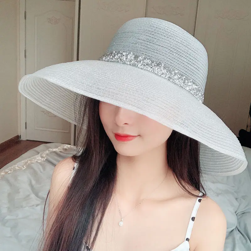 Sun Hat  Large brim silver breathable sunshade hat women versatile sunscreen summer vacation beach hat sun Protection Cap