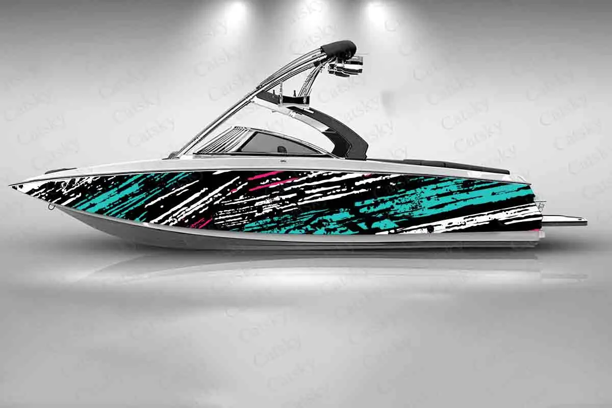 Blue & Black Splash Lines Print Boat Fashion Sticker Packaging Waterproof Custom Marine Ship Sticker Wrap Vinyl Decal Decoration