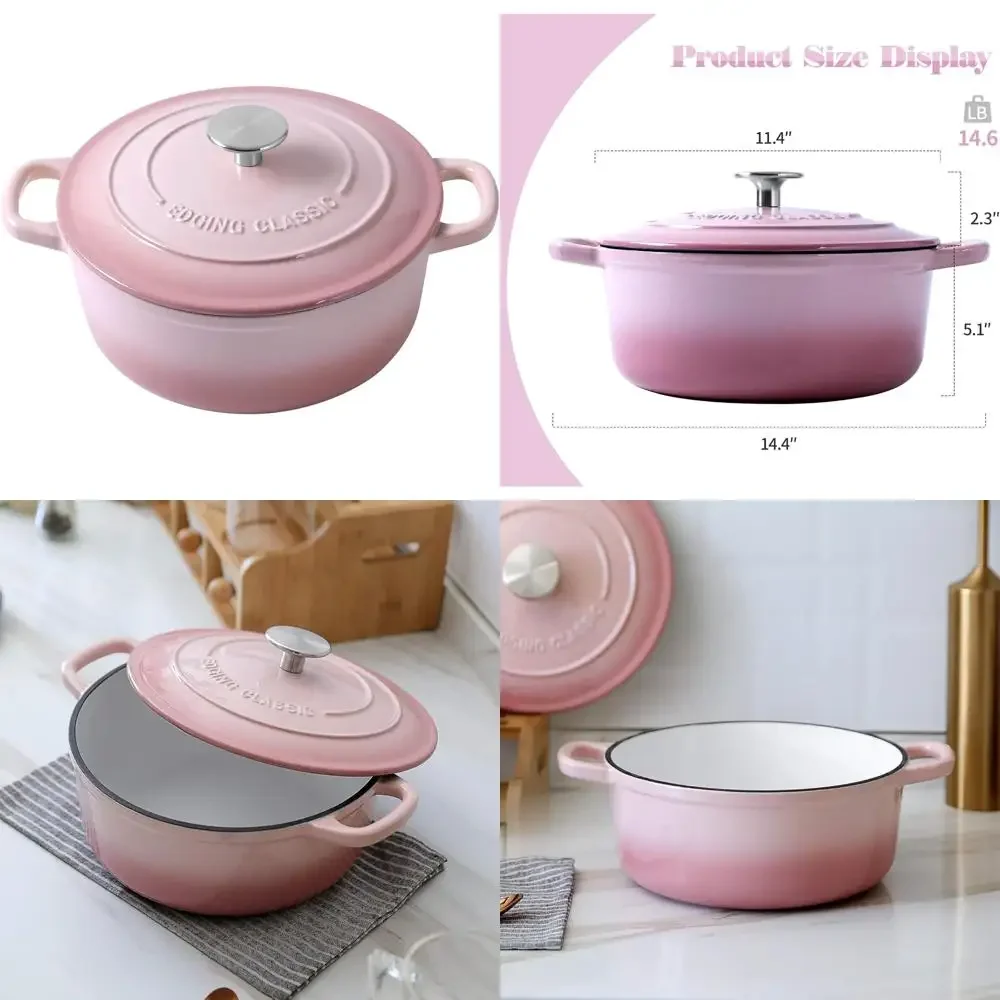 

Pink 7-Quart Enamel Cast Iron Dutch Oven with Lid for Bread Baking and Multipurpose Cooking