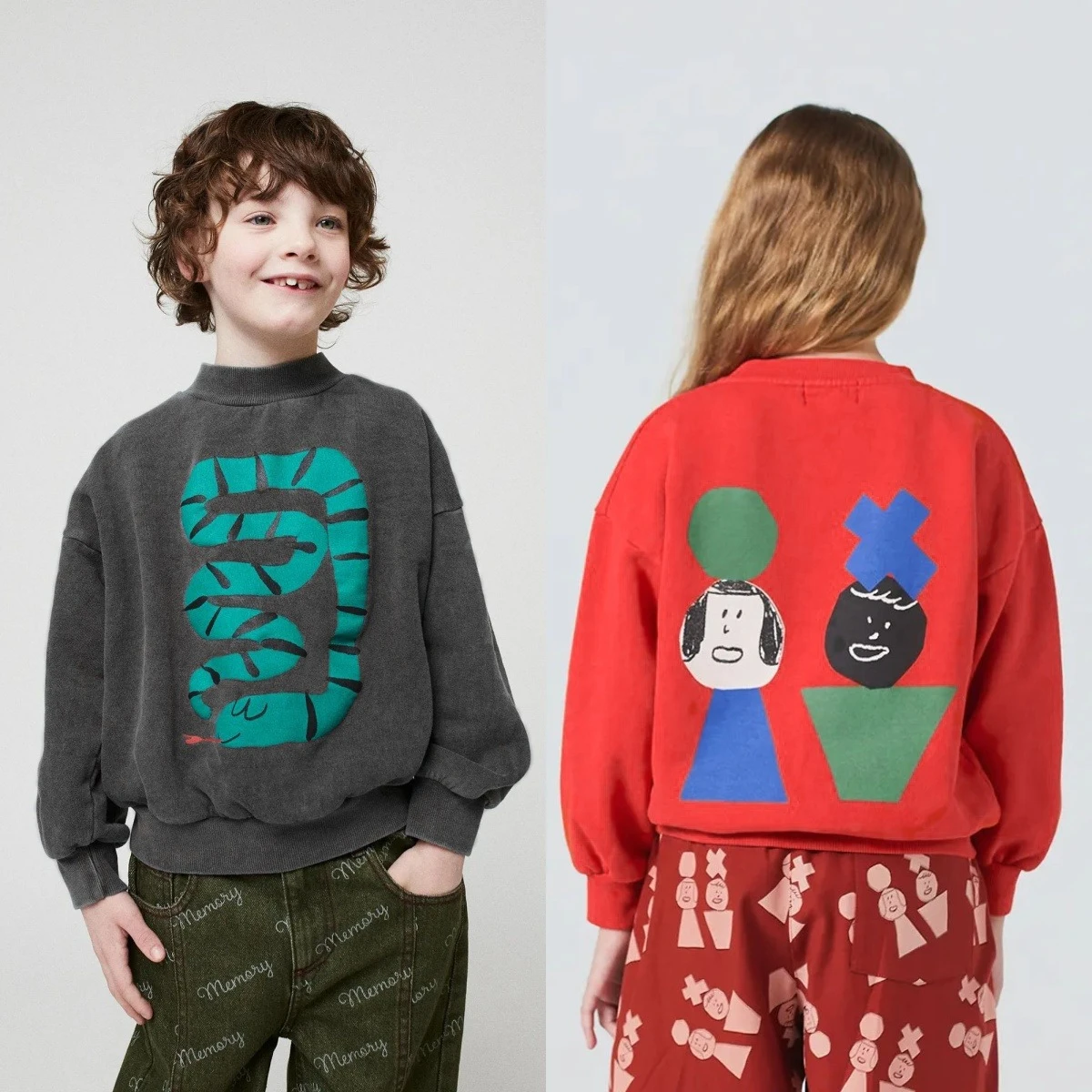 2025AW Kinder-Sweatshirt aus Baumwolle, langärmelig, gerippte Bündchen, lockere Passform, Baby-Mädchen-Oberteile, 2–10 Jahre, Jungen-Schlangen-Sweatshirts
