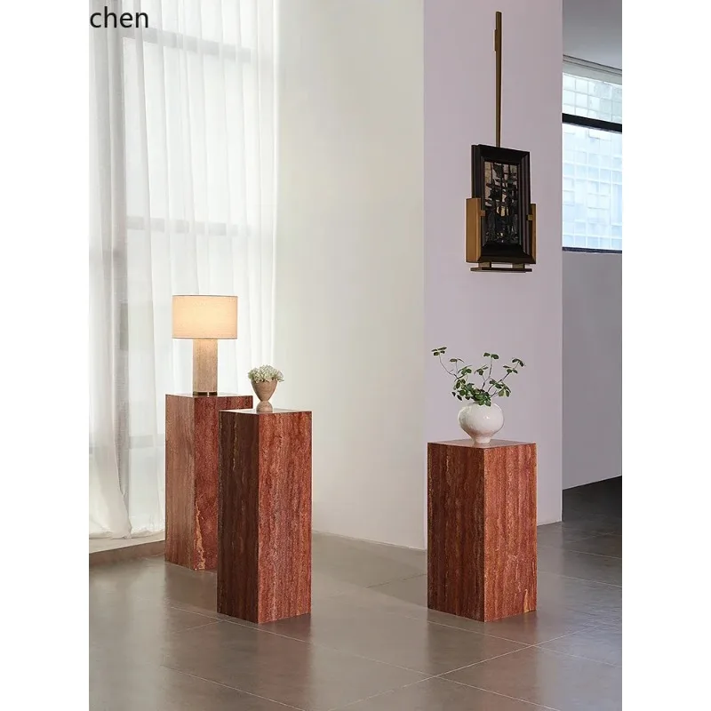 Bj-1Red Travertine Sculpture Base Floor Square Column Pier Handicraft Ornament Display Stand