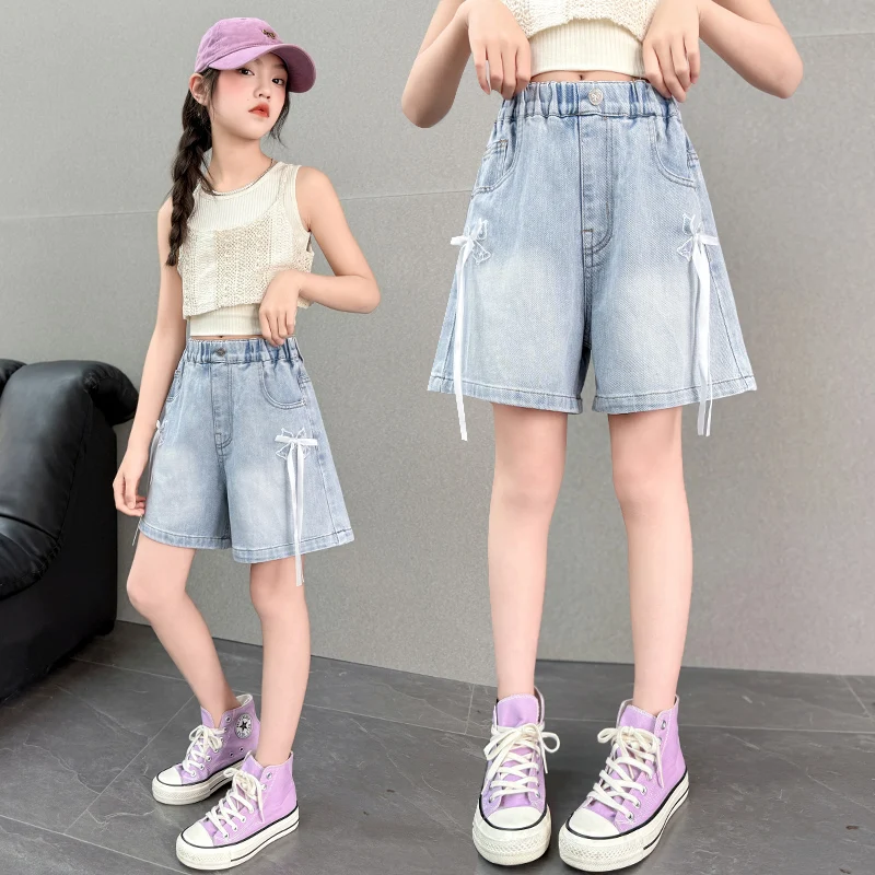 

Child y2k Gothic Style Denim Shorts with Bows for Girl American Retro Blue Hiphop Bowknot Mini Jeans Kids Butterfly Short Pants