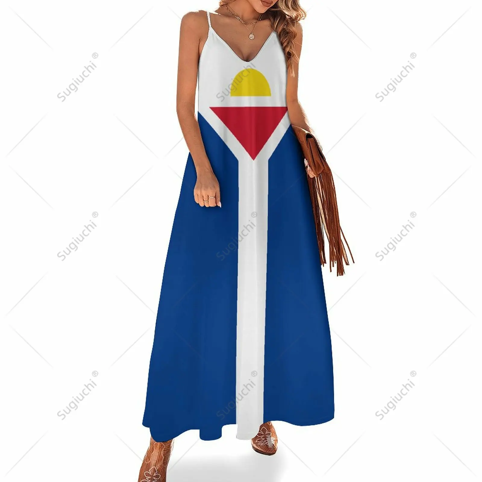 Long Dresses Dress Saint Martin Flag Print New Casual Sleeveless Women's V-Neck Printed Dress Swing Retro Dresses