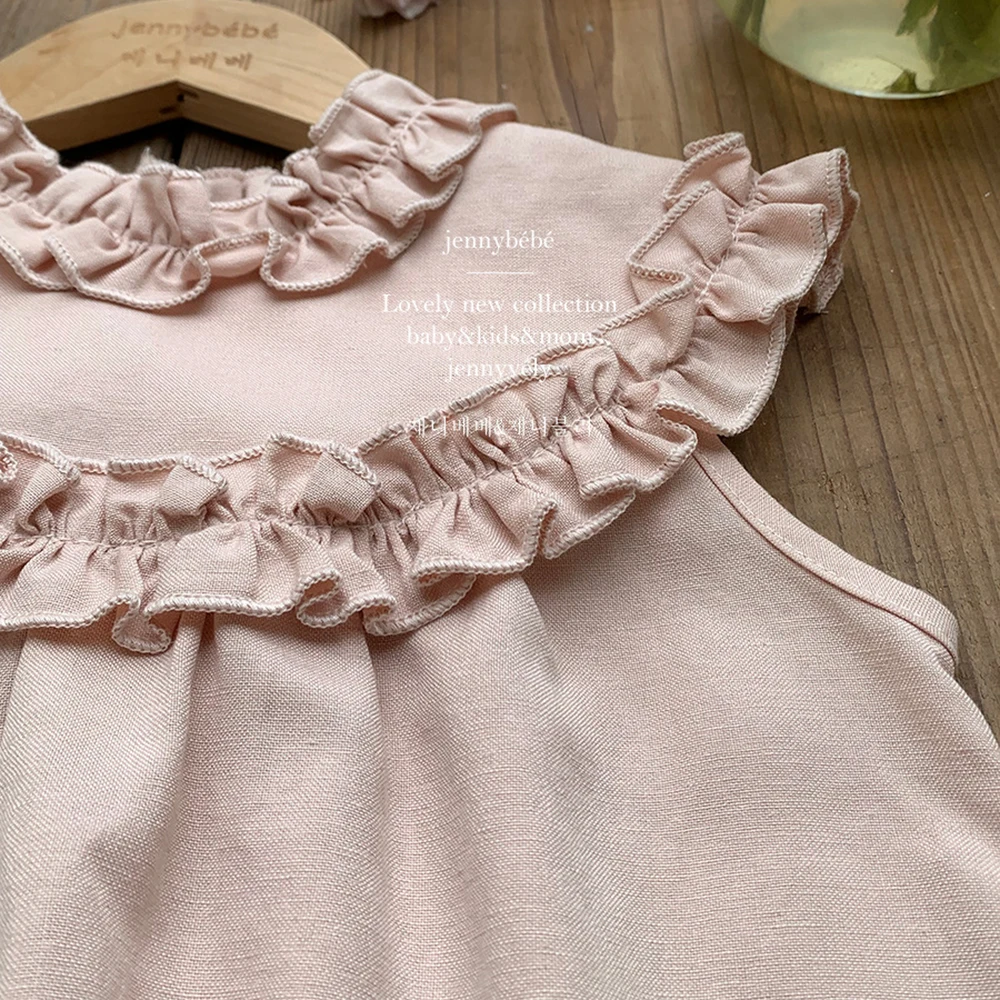 Summer Little Sister Matching Outfits Cotton Linen Baby Romers Dress Overalls Cute Frilly Lace Collar Toddler Ruffles Dress