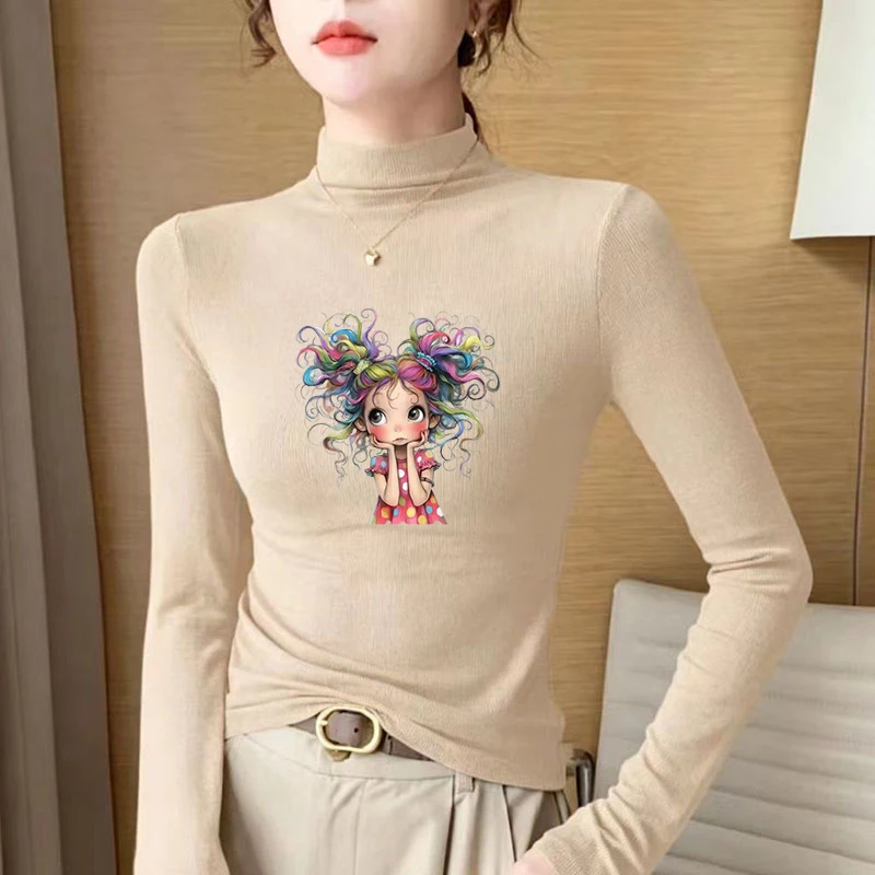 2026 New Autumn Winter Thermal Brushed Fleece Long Sleeve Graphic Print T shirt Blouses Female Warm Shirt Women Top