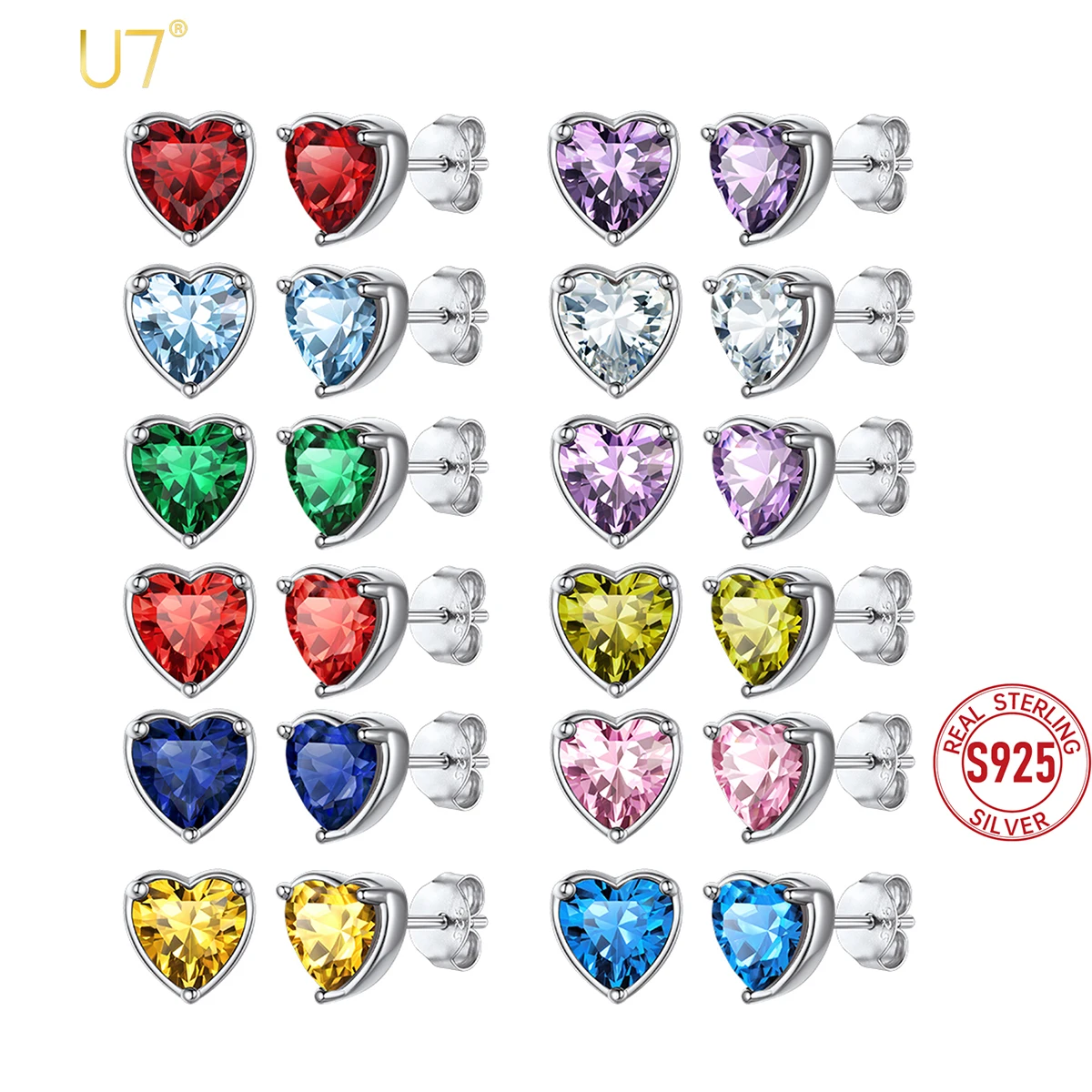 

U7 925 Sterling Silver 6mm Heart Birthstones Stud Earrings for Women Dainty Wedding Anniversary Birthday Gift for Her