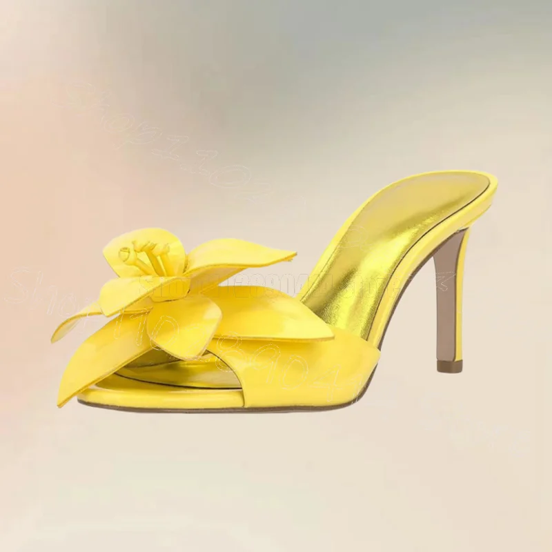 

Yellow Appliques Design Open Toe Slippers Slip On Women Shoes Thin High Heels New Fashion Party Banquet 2025 Zapatos Para Mujere