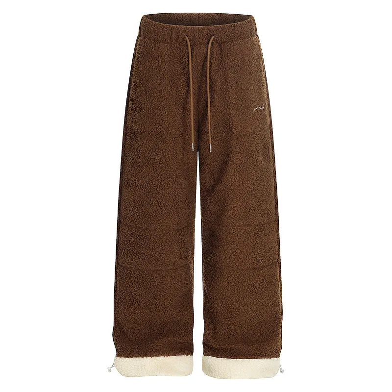 American Splicing Color-Block Lamb Wool Cotton Women's Trousers Autumn Winter Loose Thickened Warm Wide-Leg Straight Pants Girl