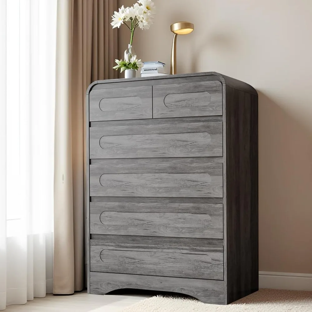 Grijs dressoir voor slaapkamer met 6 lades, hoge dressoirs en ladekast met gebogen profielontwerp, boerderijhouten kaststolsel
