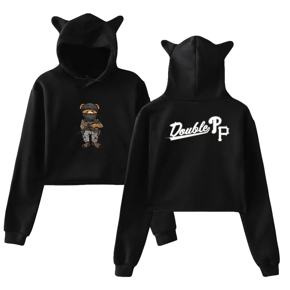 Peso Pluma Merch Peso Bear Pullover Cat Ears Hoodie Long Sleeve Sweatshirts Female Crop Top Double PP 2023 Tour Women's Clothes