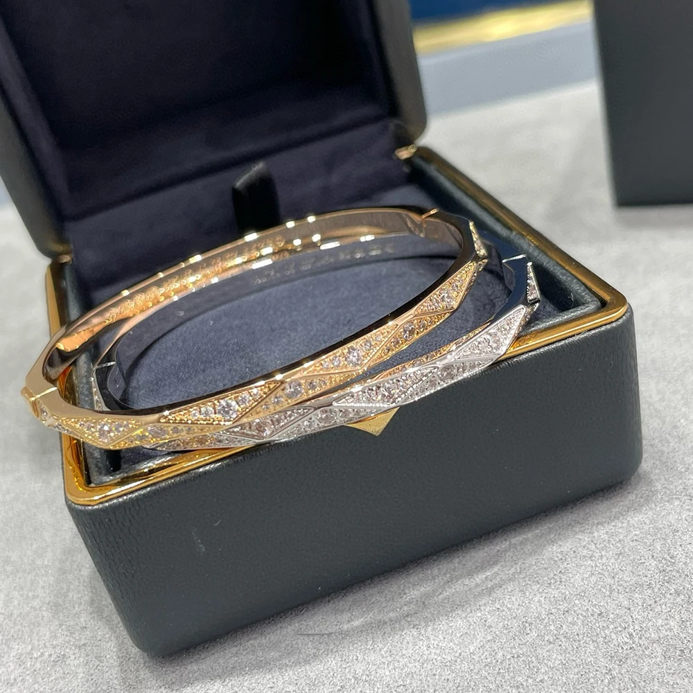 

17cm Brand Pure 925 Sterling Silver Jewelry Luxury Brand Rose Gold Party Bangle Wedding Jewelry Rhomboid Design Classic Bangle