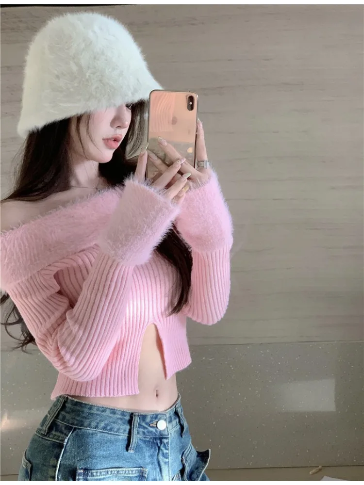 Slash Neck Pullovers Women Furry Autumn Slit Fluffy Patchwork Cropped Knitted Sweater All-match Sexy Hot Girls Soft Slim Casual