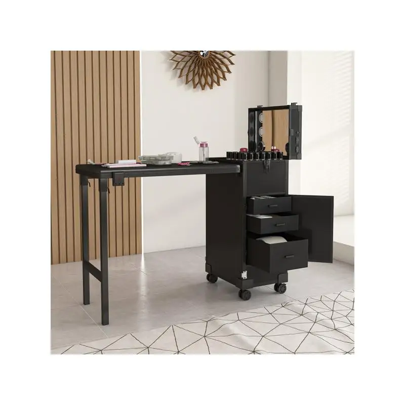 Portable Nail Art Table with LED Mirror, Bluetooth Function, Lockable Drawers, and Telescopic Pole - Folding Manicure Station