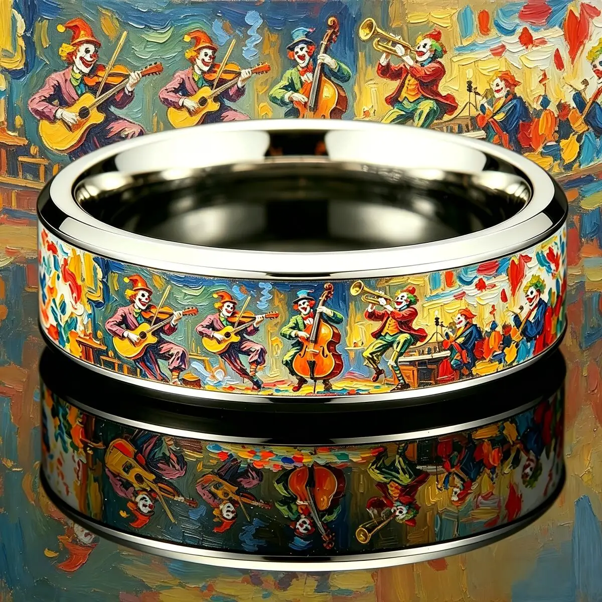 Vintage Oil Painting Circus Clown Orchestra Pattern Stainless Steel Ring Women Bohemian Musical Theme Rock Biker Jewelry Gifts