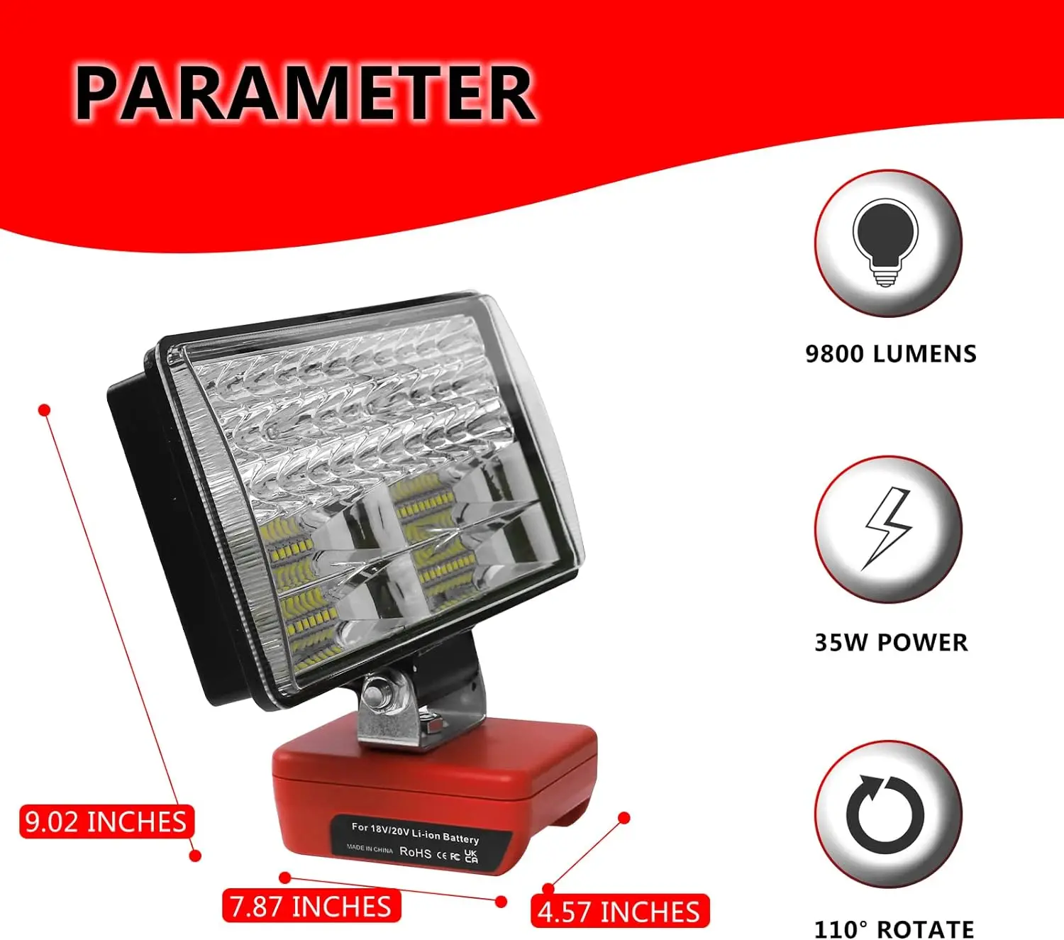 밀워키 18V 리튬 이온 배터리 비상 조명용 35W Led 작업 조명 2개의 USB 포트가 있는 전동 공구 조명