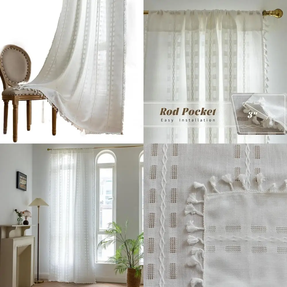 

Винтажные полупрозрачные льняные шторы с вышивкой, 244 см в длину, 2 панели, светопропускающие, в богемном стиле для гостиной, спальни, детской комнаты