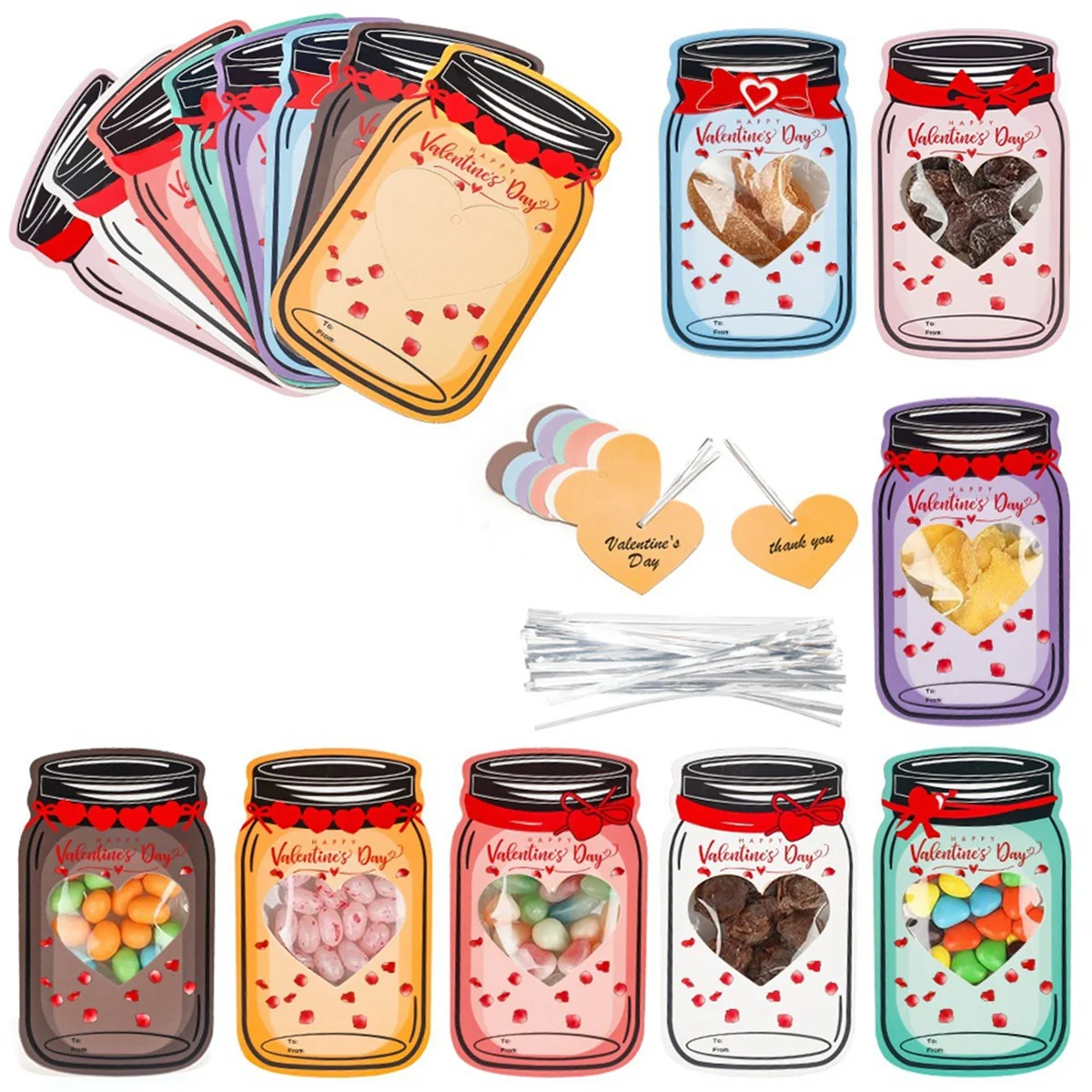 48PCS Happy Valentines Day Candy Gift Bags Drift Bottle Greeting Card Wedding Party DIY Chocolate Cookie Packaging Decor