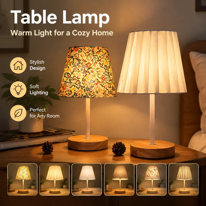 USB Table Lamp, Wood Fabric Shade LED Night Light with Soft Touch Dimming for Bedroom, Bedside, Study, Dorm Room Decor Mood Lamp