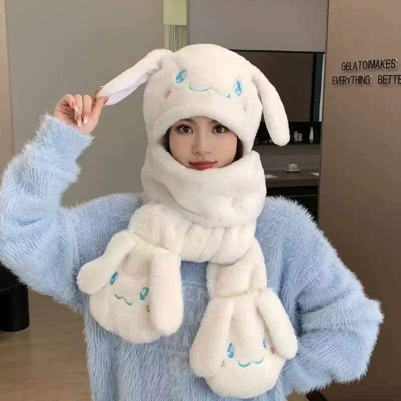 Sanrio lindo Cinnamoroll guantes de felpa sombrero bufanda dibujos animados Kawaii Kuromi My Melody invierno suave espesar niñas estudiante Festival regalo