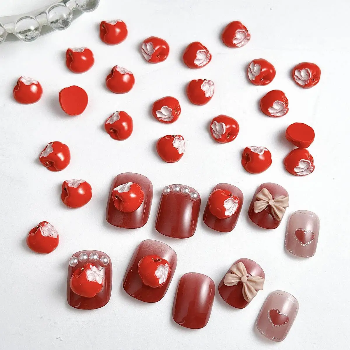 30PCS Cute Kawaii Red Apple Nail Art Decorations Accessories 3D Resin Simulated Notch Apple Nail Charms Supplies For DIY Crafts