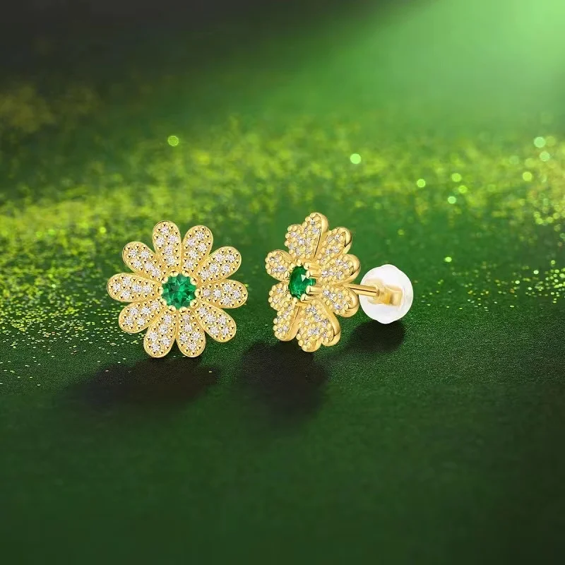 JIU ZUAN Moissanite Emerald Gemstone Earring Stud Sun Flower Vintage 100% 925 Sterling Silver Square Cut Created Fine Jewelry