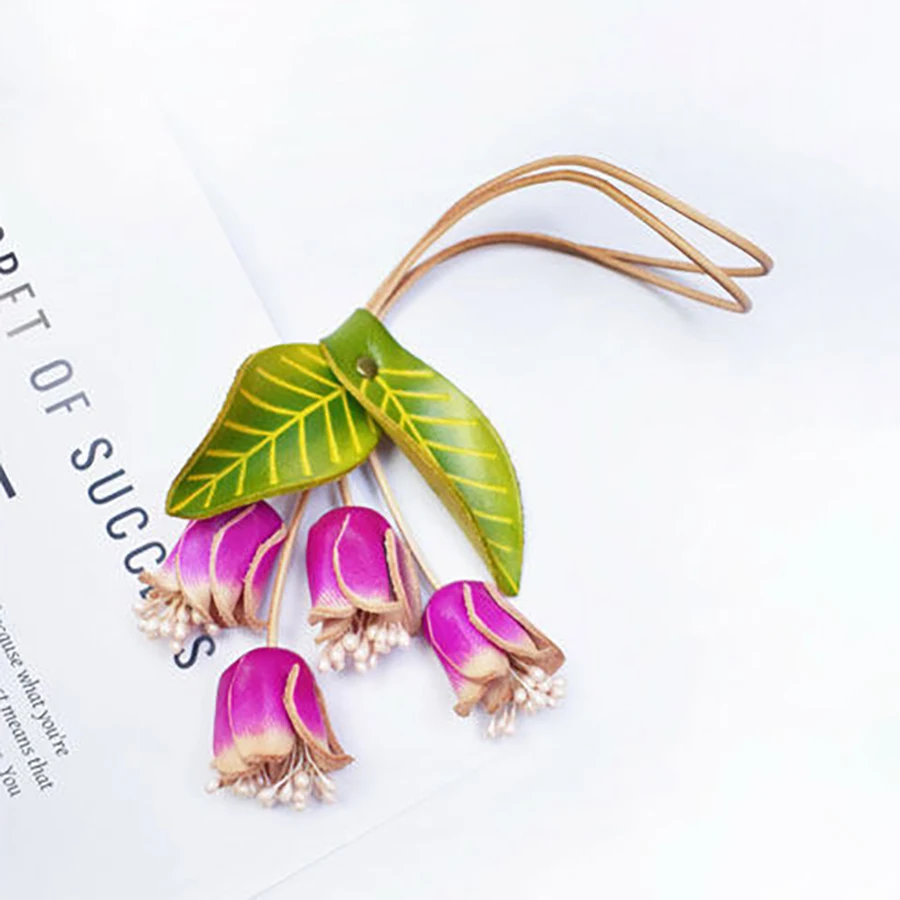 Wisteria Flower Bag Charm Genuine Leather Hanging Keychain Car Exquisite Jewelry Personalized Bag Pendant