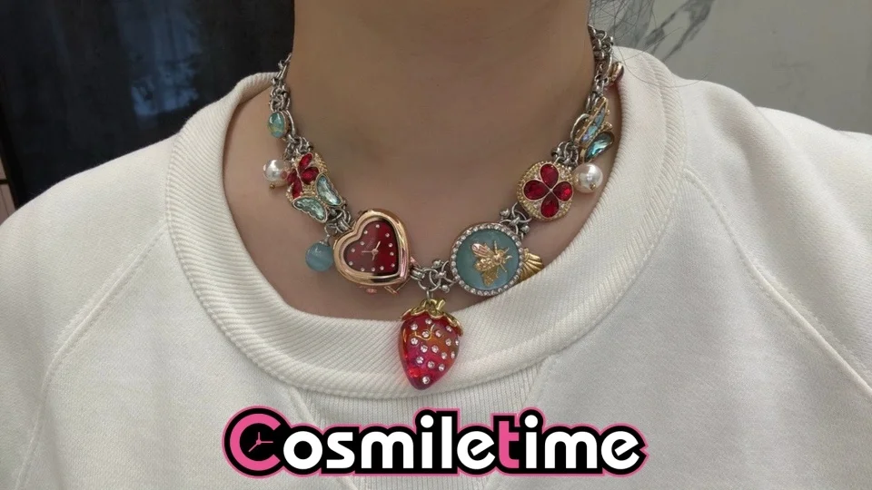 Y2K Vintage Necklace For Women Cute Strawberry Heart Locket Watch Pendant Chain Choker Aesthetic Bohemian Fashion Birthday YZ - view 4