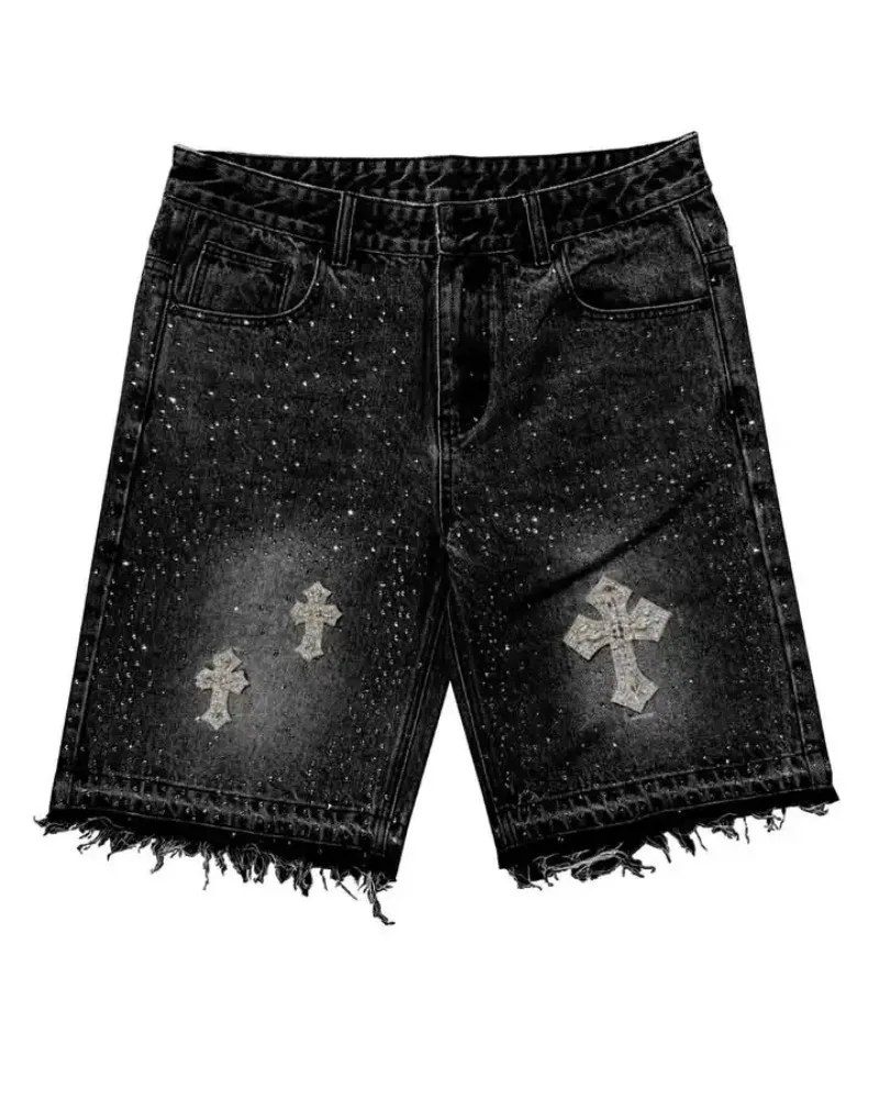 Retro Gothic fashion letter rhinestone oversized jeans men's Y2K clothing loose casual versatile shorts low waist couple style